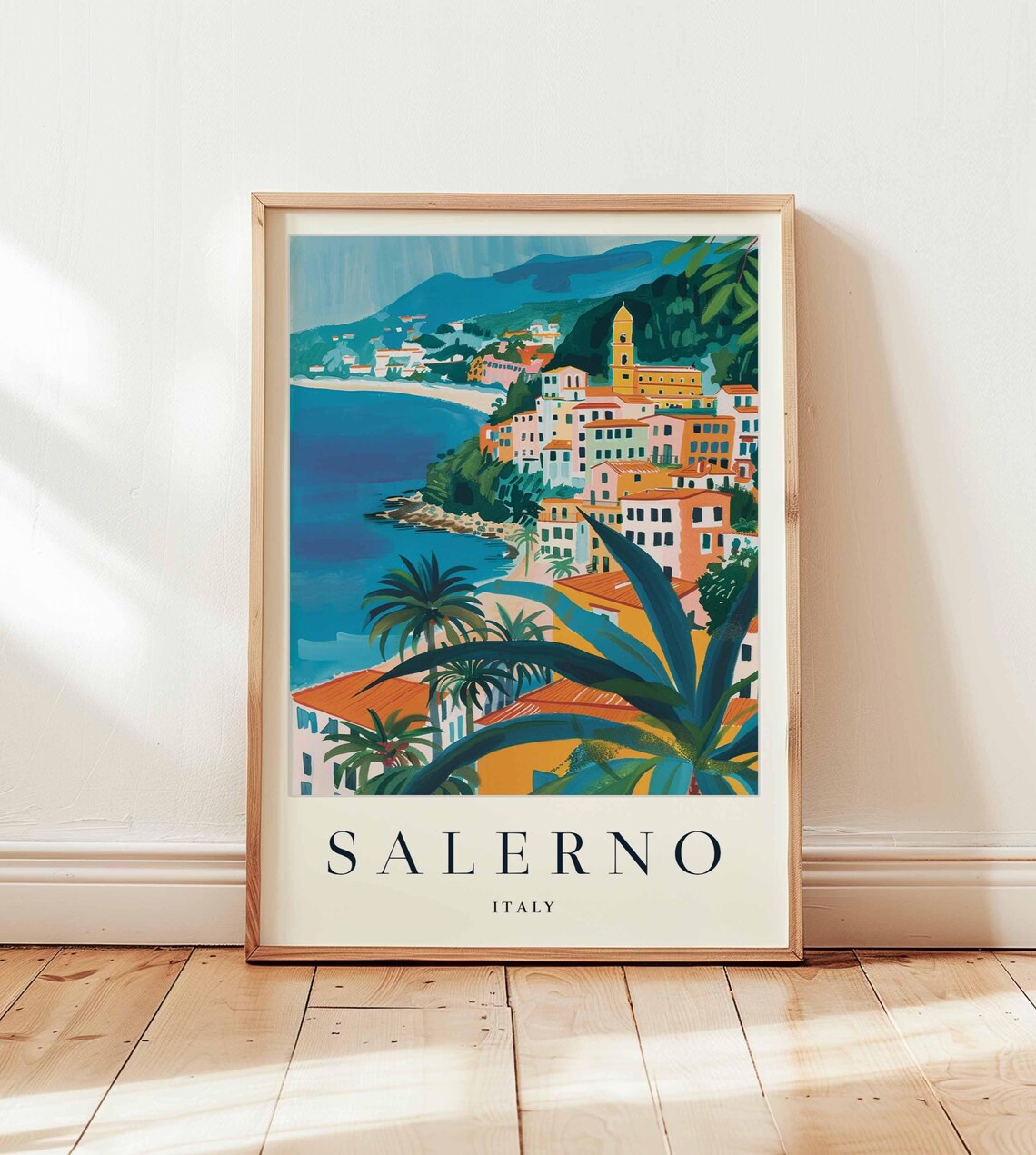 Salerno Palm Fringed Coastal Town With Church Tower View Poster