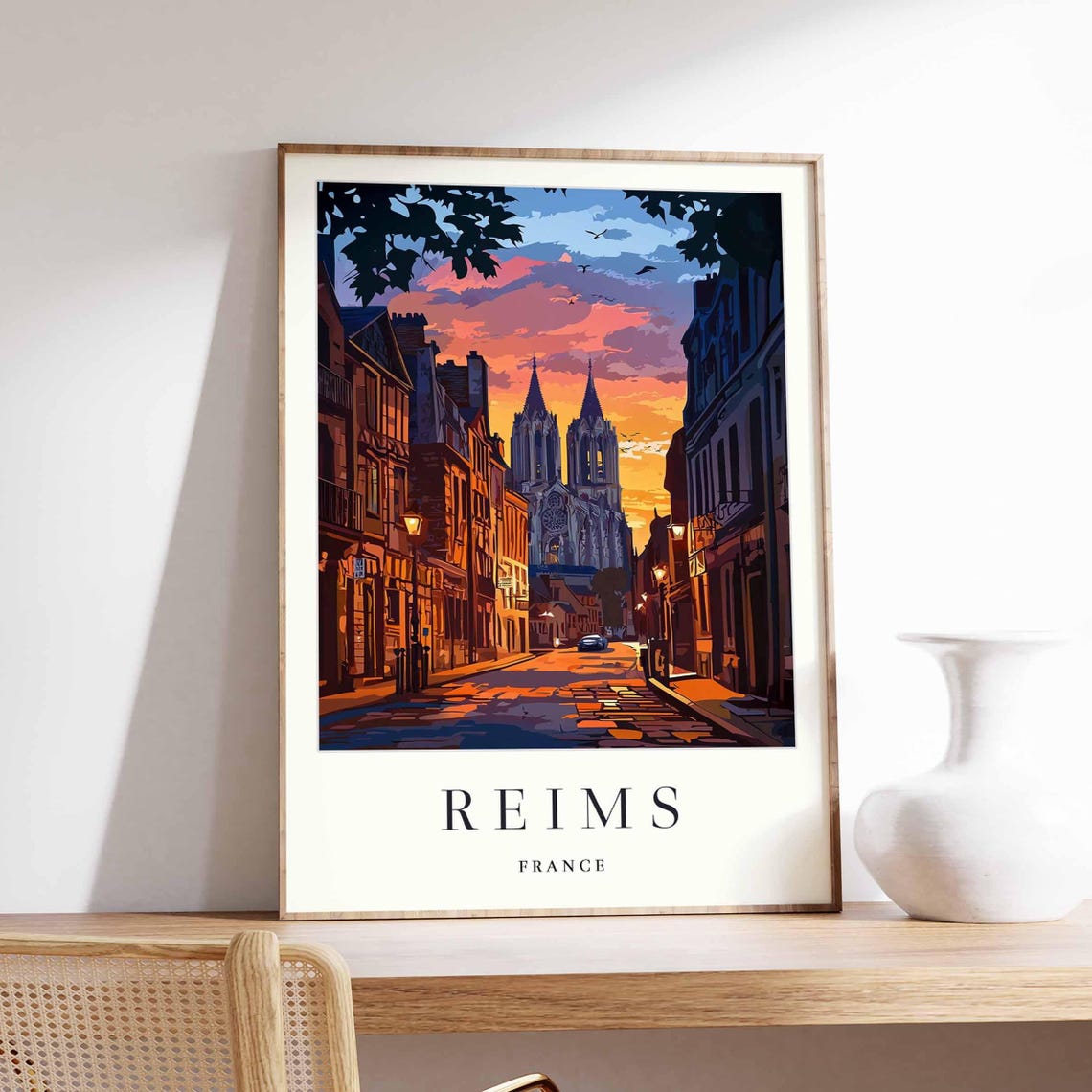Reims France Dramatic Sunset Street Cathedral Silhouette Poster