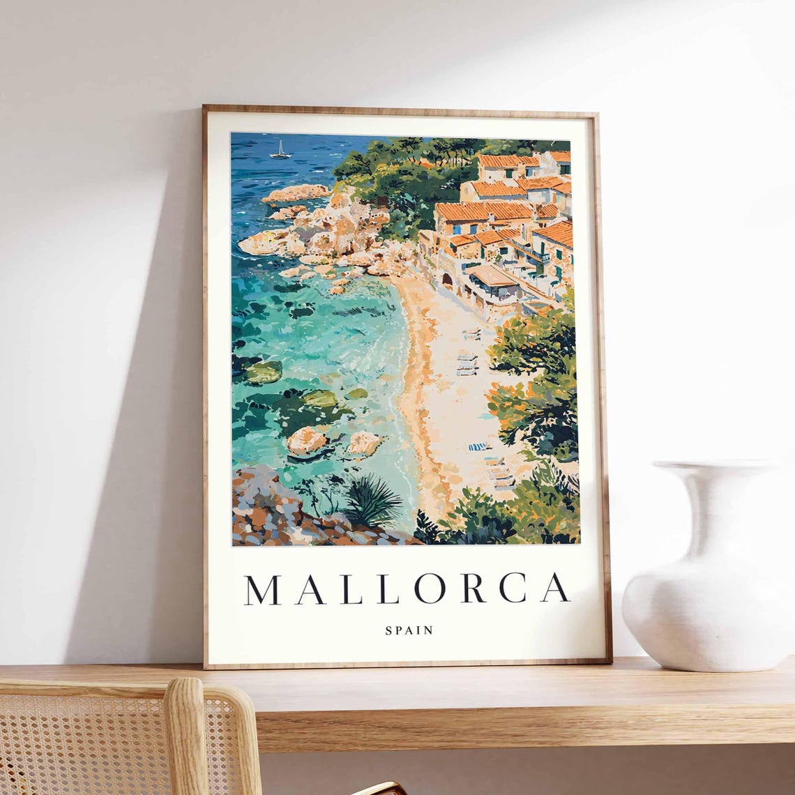 Mallorca Spain Turquoise Cove Sandy Beach Cliffs Vivid Art Poster