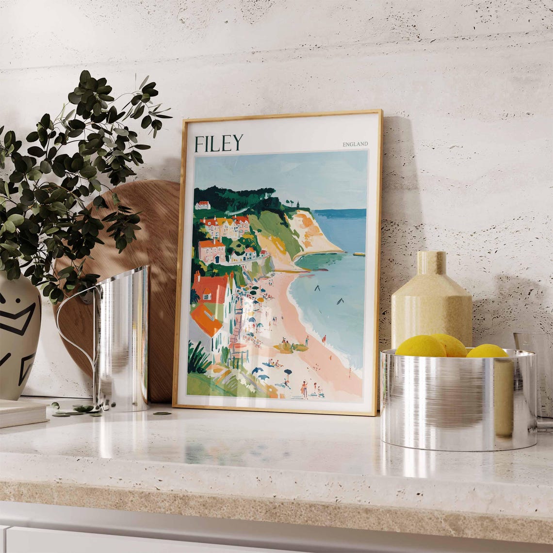 Filey England Beach Town Red Roofs Cliffs Parasols Painting Poster - Image 2