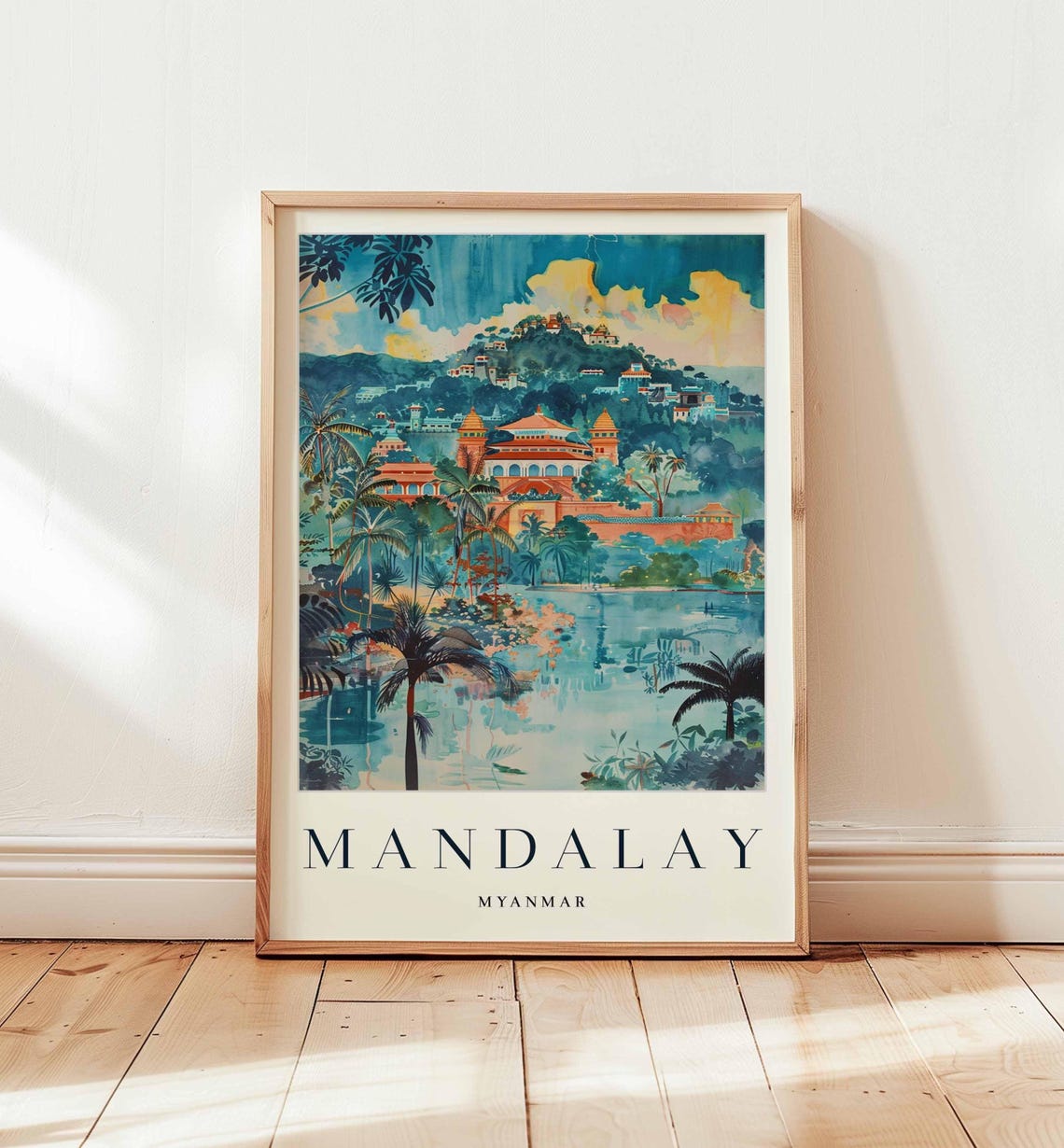 Mandalay Myanmar Lakeside Palace Palms Watercolor Travel Poster