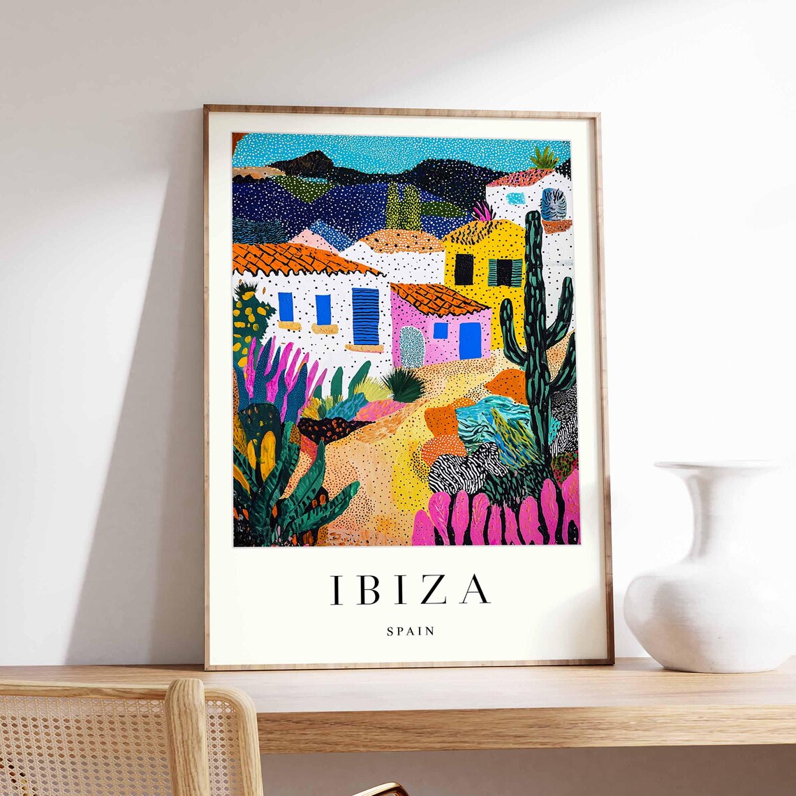 Ibiza Spain Colorful Bohemian Village Cactus Folk Art Poster