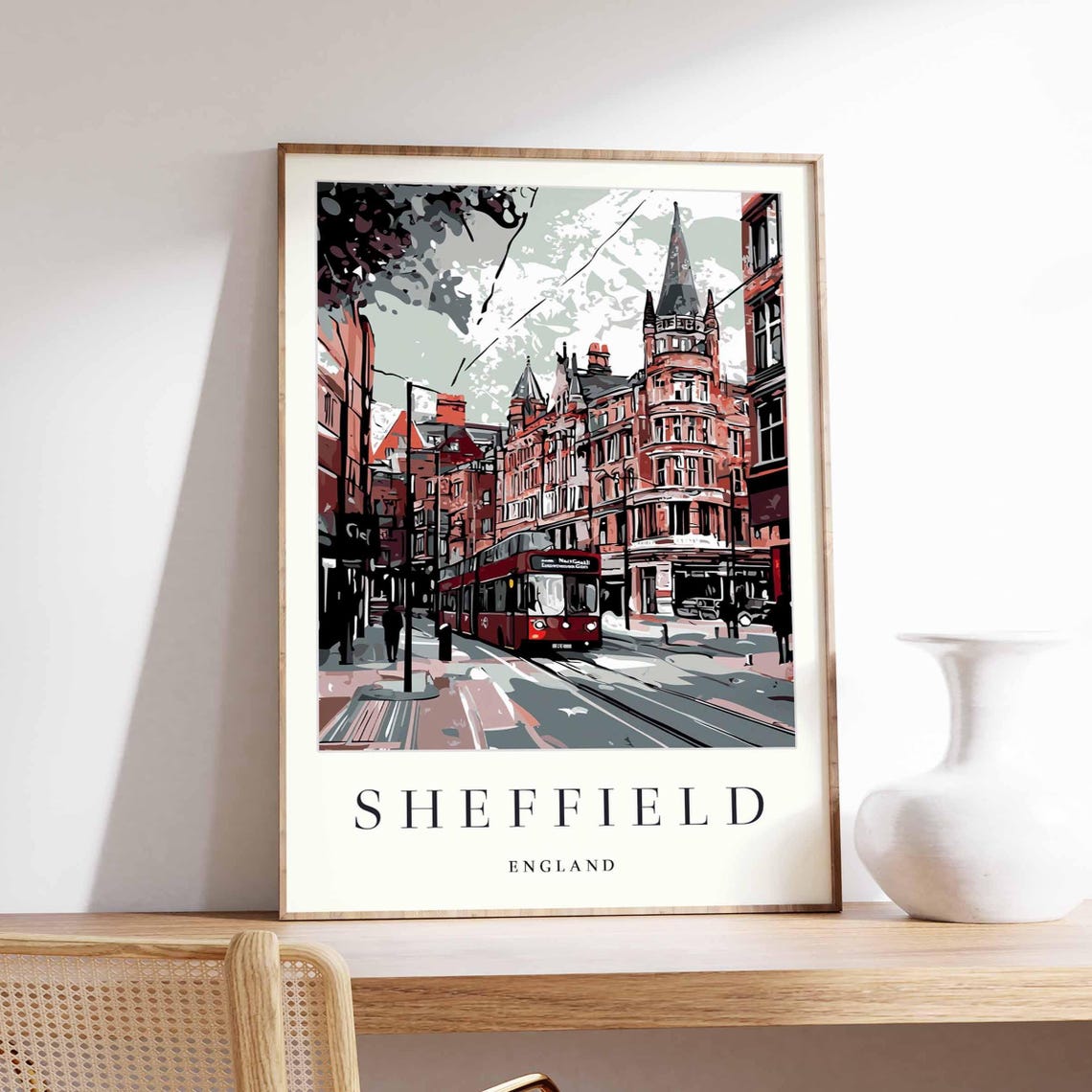 Sheffield England Red Tram Victorian Gothic Street Scene Poster