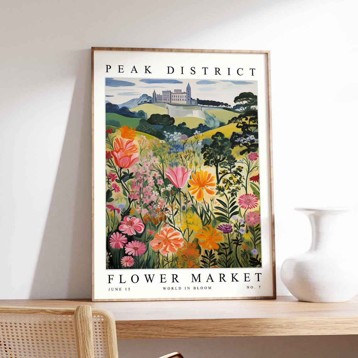 Peak District Country House Hill Pink Orange Flower Meadow Poster