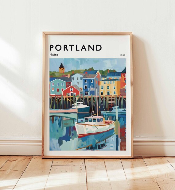 Portland Maine 1989 Fishing Boats at Old Wharf Harbor Scene Poster