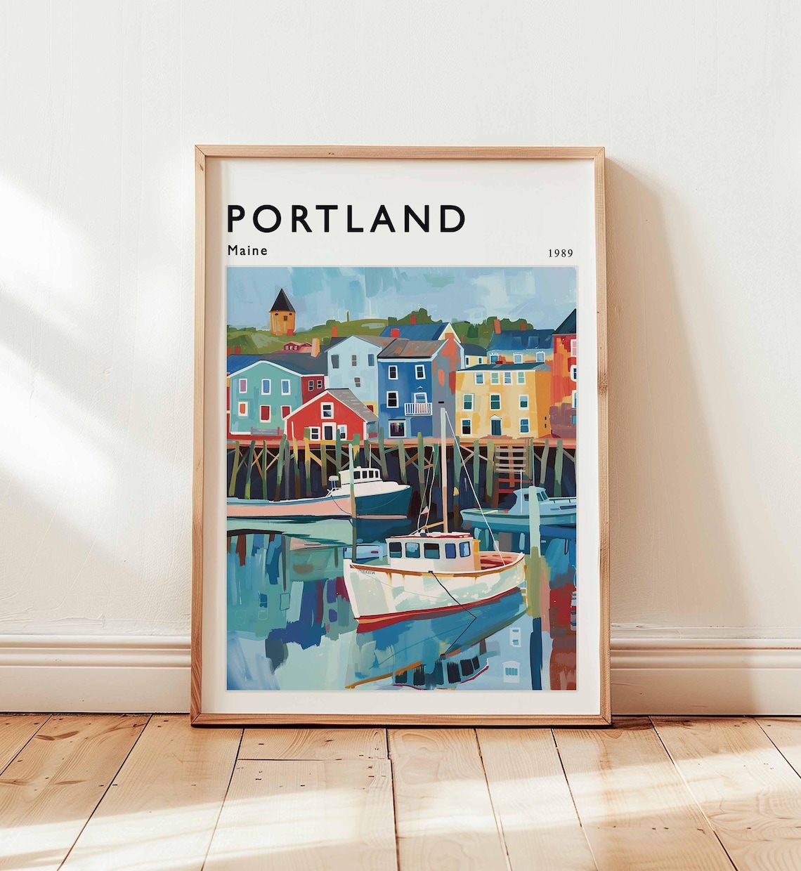 Portland Maine 1989 Fishing Boats at Old Wharf Harbor Scene Poster