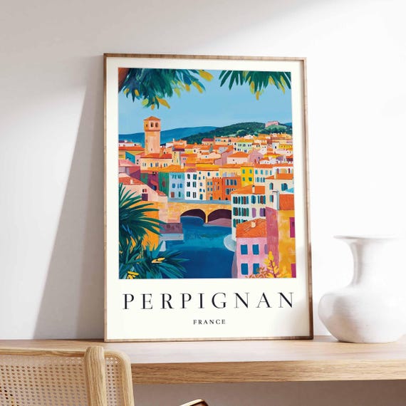 Perpignan France Poster, Colorful Cityscape Travel Print