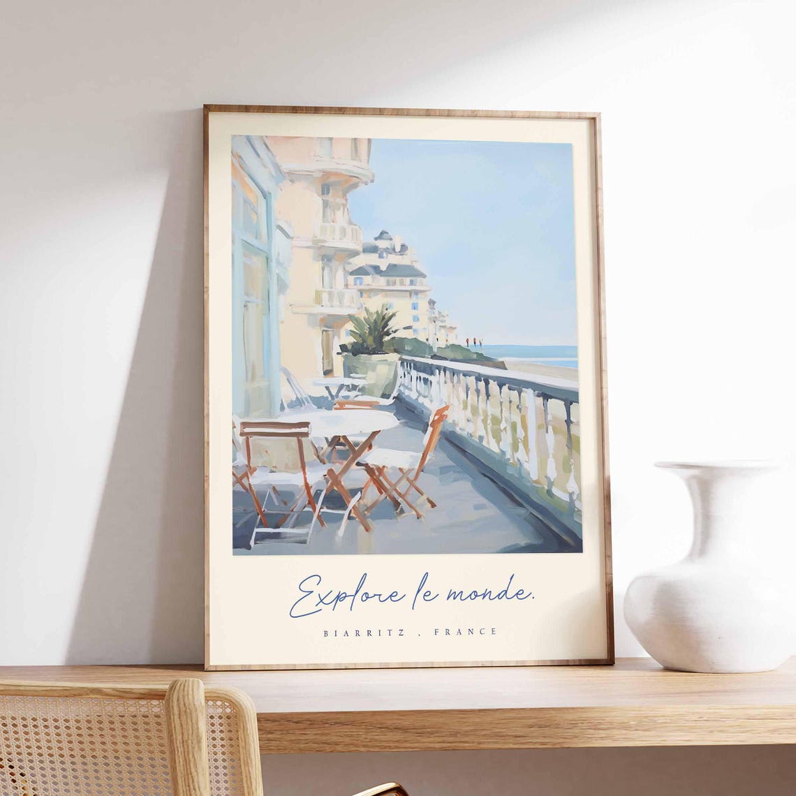 Biarritz France Seafront Terrace White Chairs Ocean Breeze Art Poster