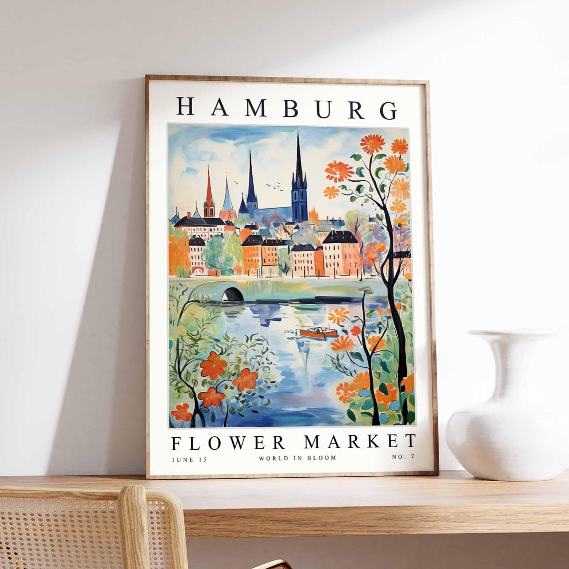 Hamburg Flower Market River City Skyline Orange Tree No. 7 Poster