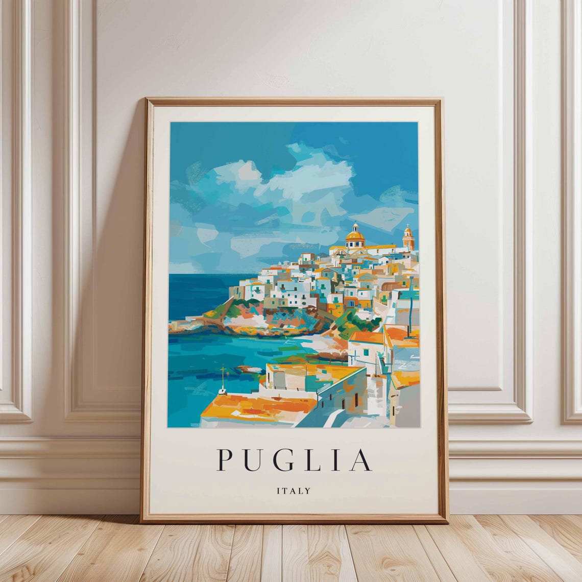 Puglia Italy Whitewashed Hilltop Town Cliff Dome Bell Tower Sea Poster - Image 3