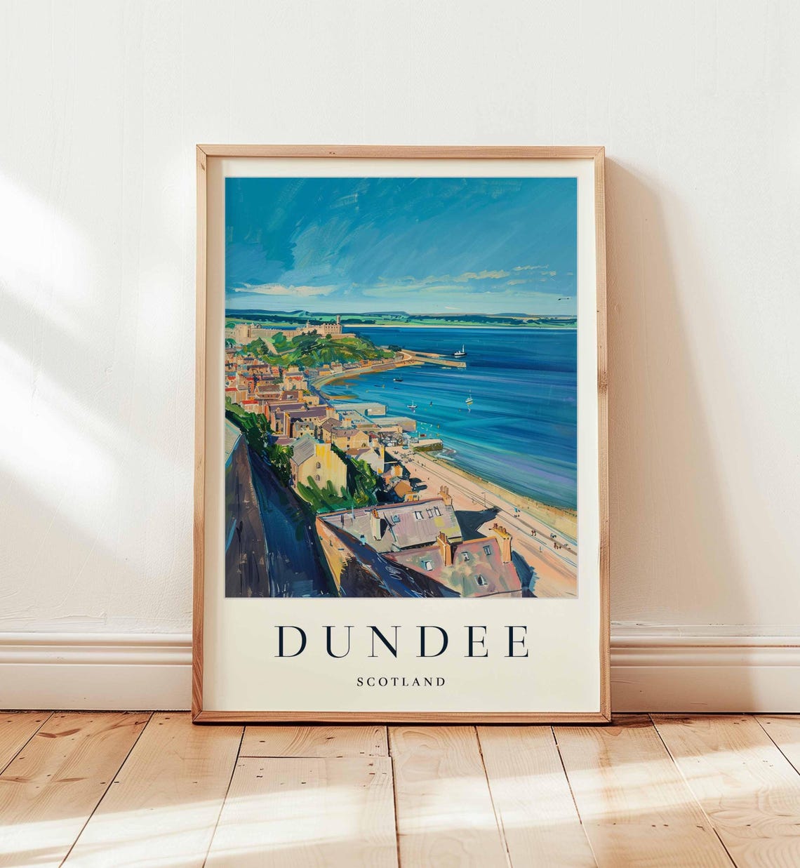 Dundee Scotland Bright Coastal Harbor Painted Seaside Travel Poster