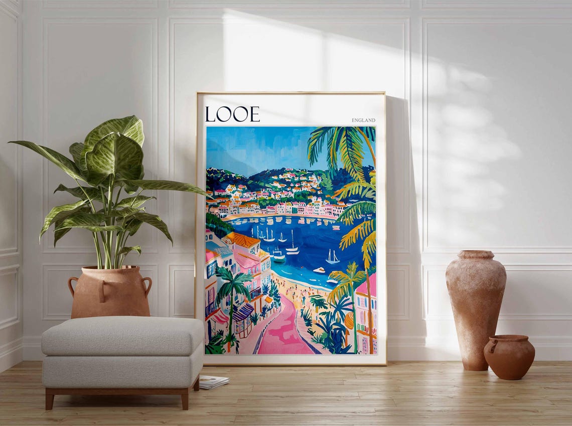 Looe England Pink Road Palm Trees Harbor Boats Colorful Poster - Image 3