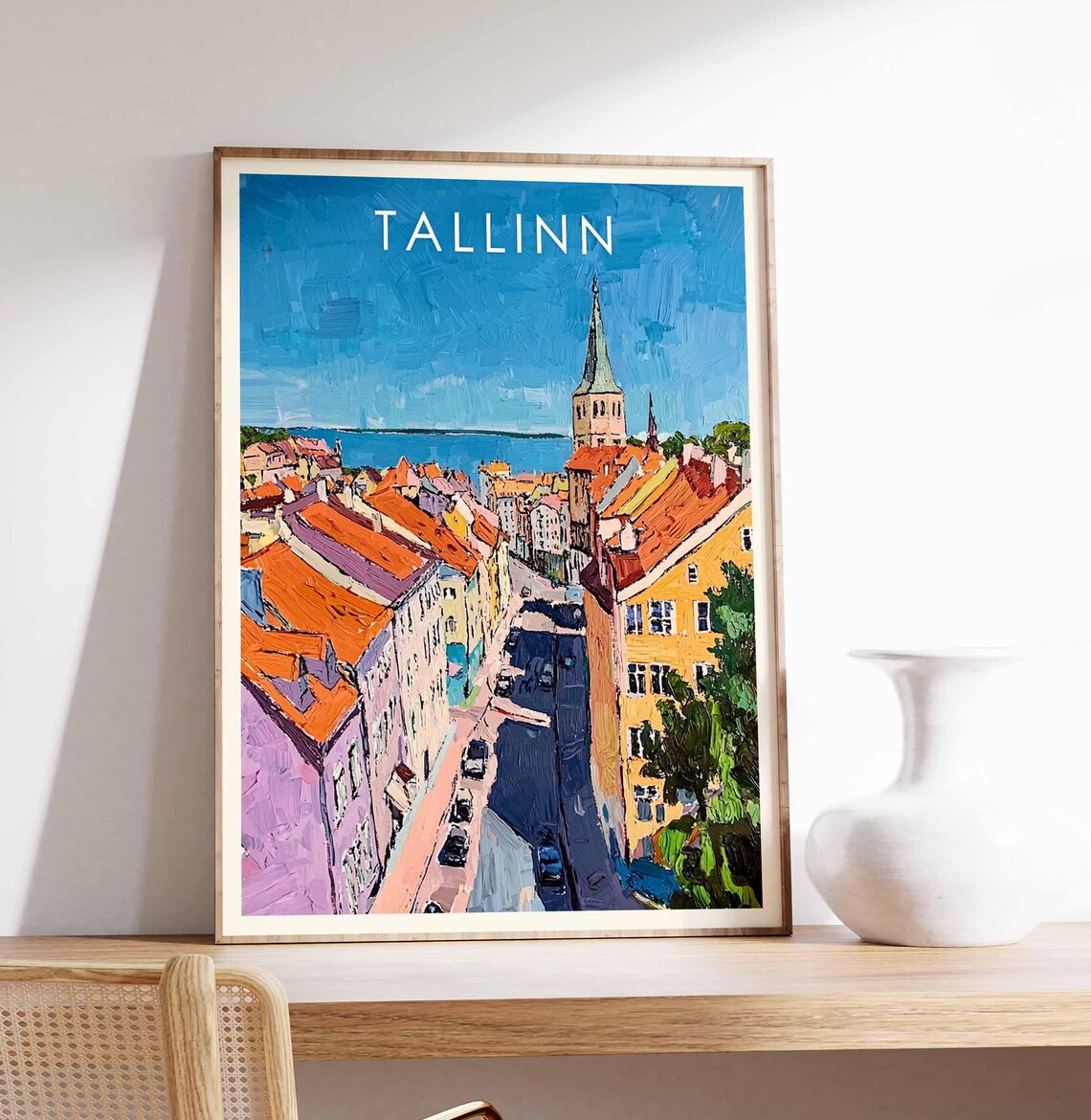 Tallinn Old Town Estonia Red Rooftops Church Spire Street Travel Poster