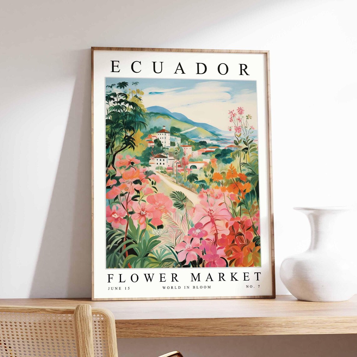 Ecuador Flower Market Hillside Village Pink Blossom Trail Poster