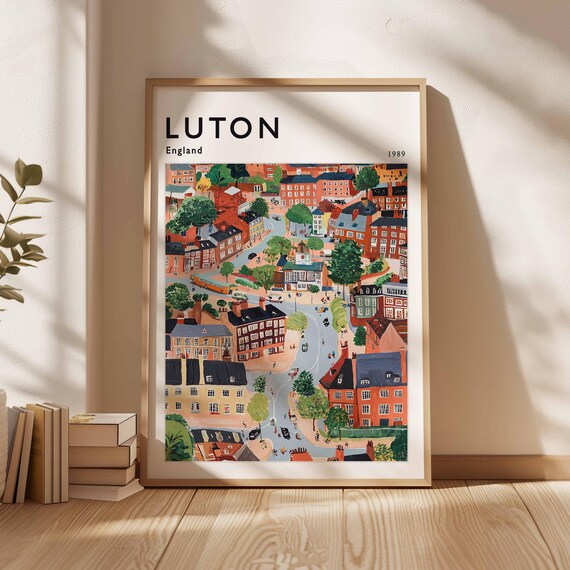 Luton England 1989 Aerial Town View Painted Colorful British Travel Poster