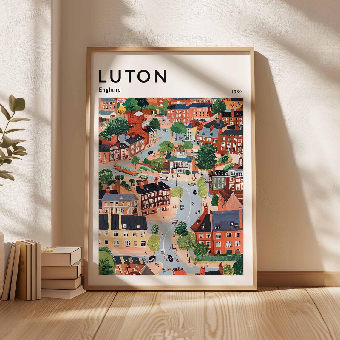 Luton England 1989 Aerial Town View Painted Colorful British Travel Poster