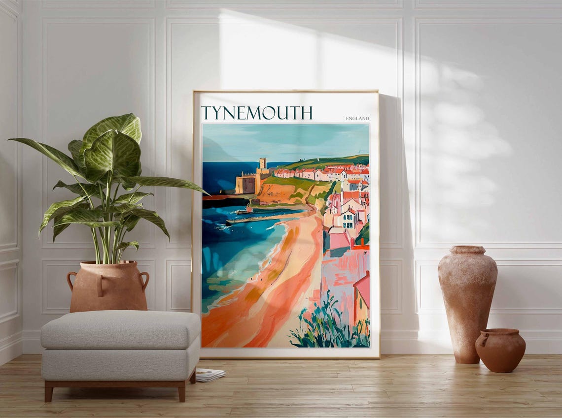 Tynemouth Cliffs Long Pink Beach Castle View Scene Art Poster - Image 2