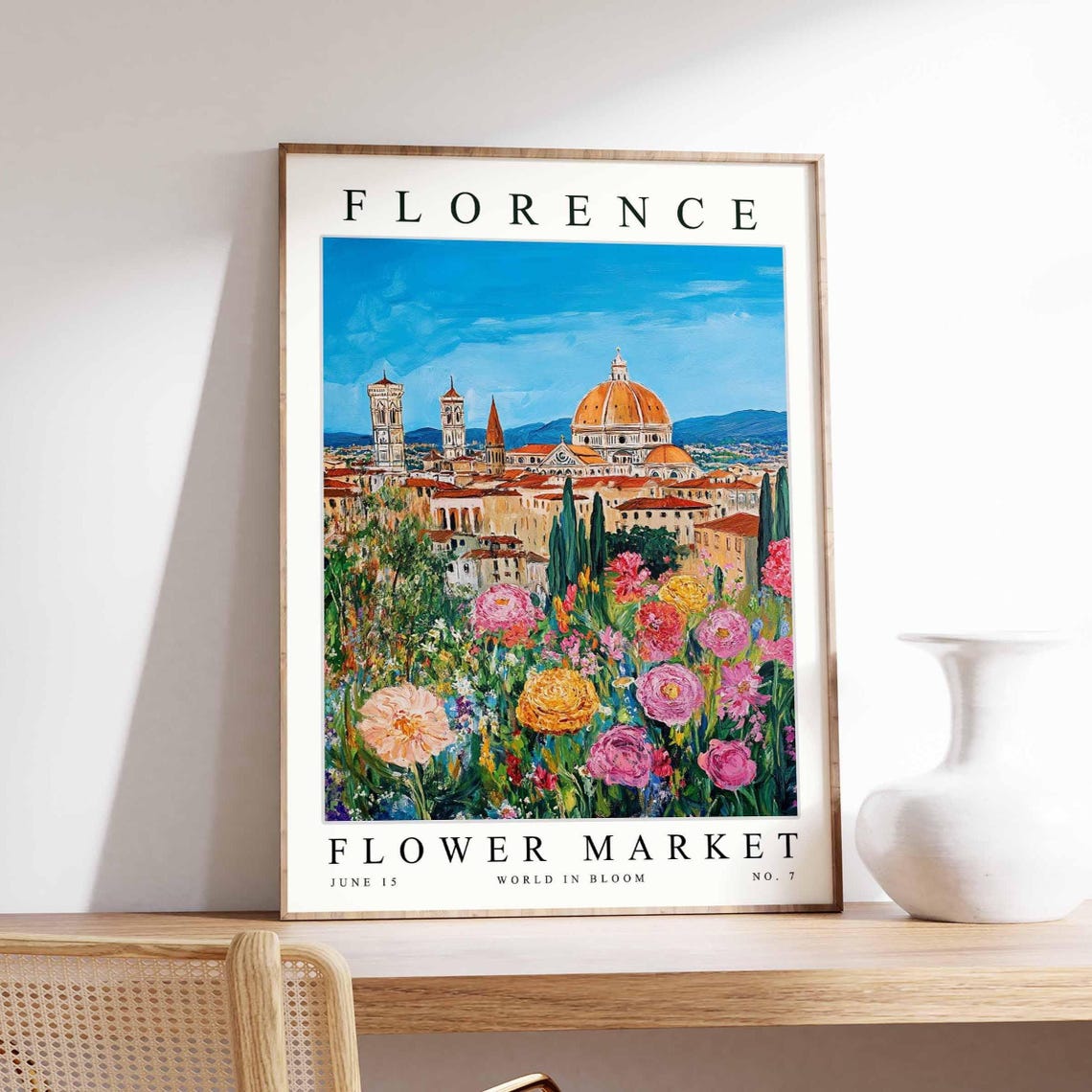 Florence Flower Market Bell Towers Pink Wildflower Hills View Poster