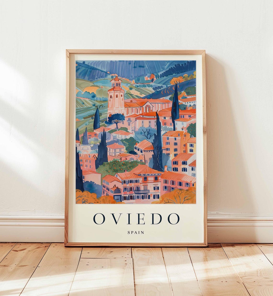 Oviedo Spain Church Tower Cypress Trees Twilight Travel Poster