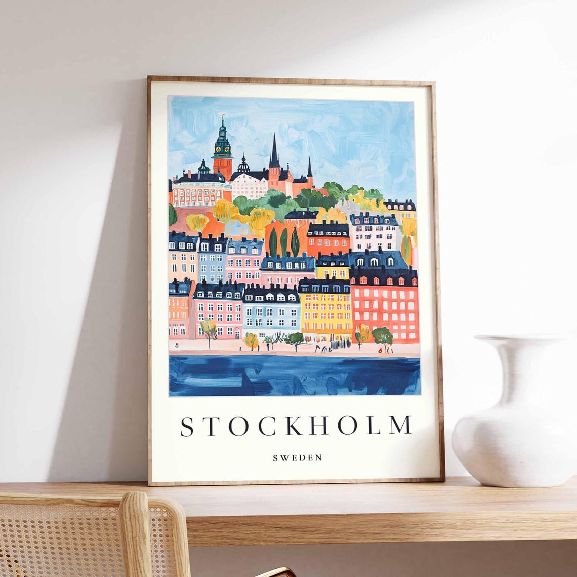 Stockholm Sweden Gamla Stan Old Town Waterfront Watercolor Poster