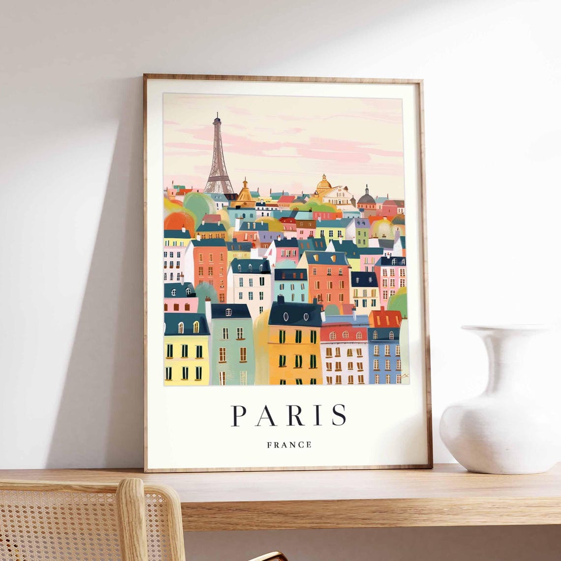Paris France Pastel Montmartre Rooftops Eiffel Tower Art Poster