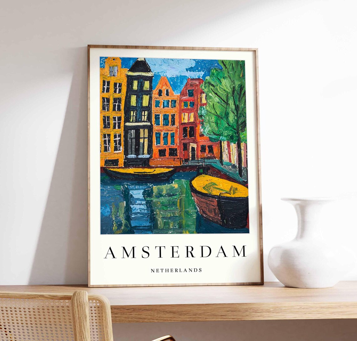 Amsterdam Canal Houses Boats Colorful Travel Poster Netherlands Art
