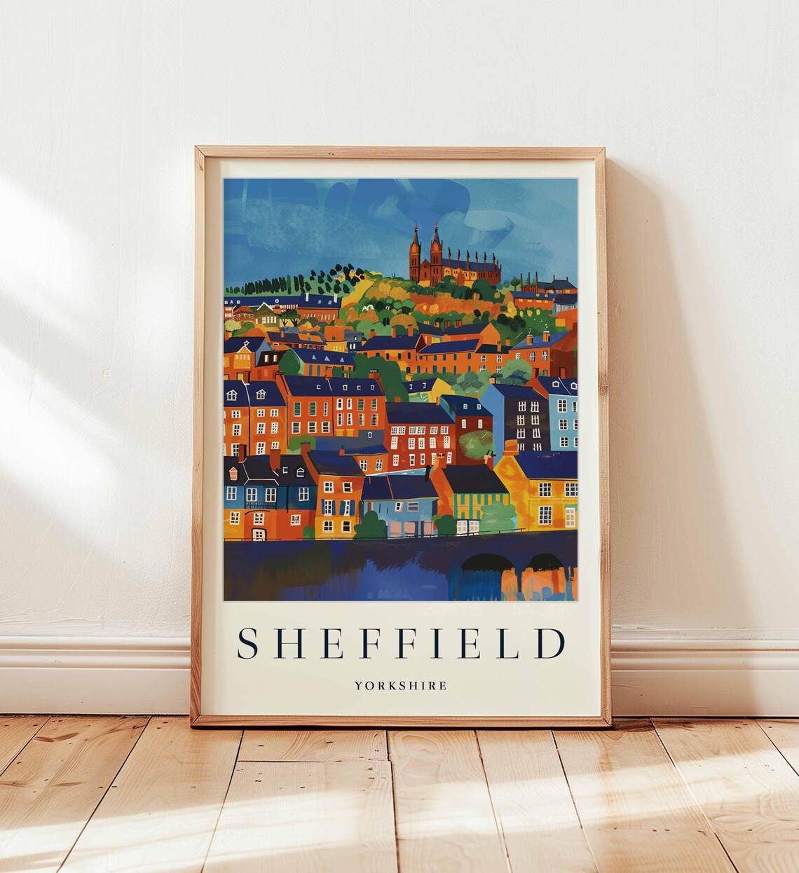 Sheffield Yorkshire Colorful Cityscape Travel Poster With Cathedral Hill