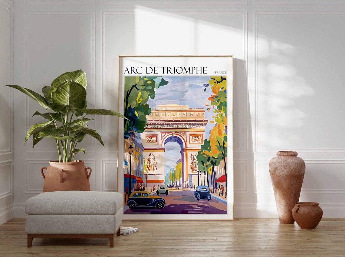 Arc de Triomphe Paris France Vintage Cars Autumn Street Art Poster - Image 2