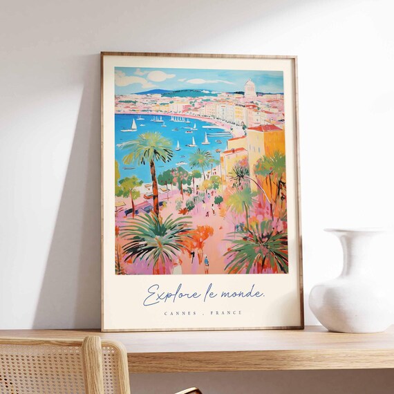 Cannes France Explore Le Monde Colorful Coastal Travel Poster