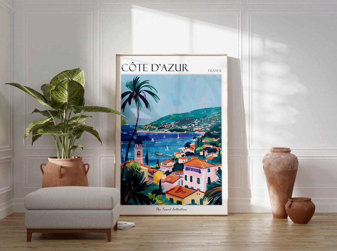 French Riviera Sailboats Palm Trees Town Coast Travel Poster - Image 2