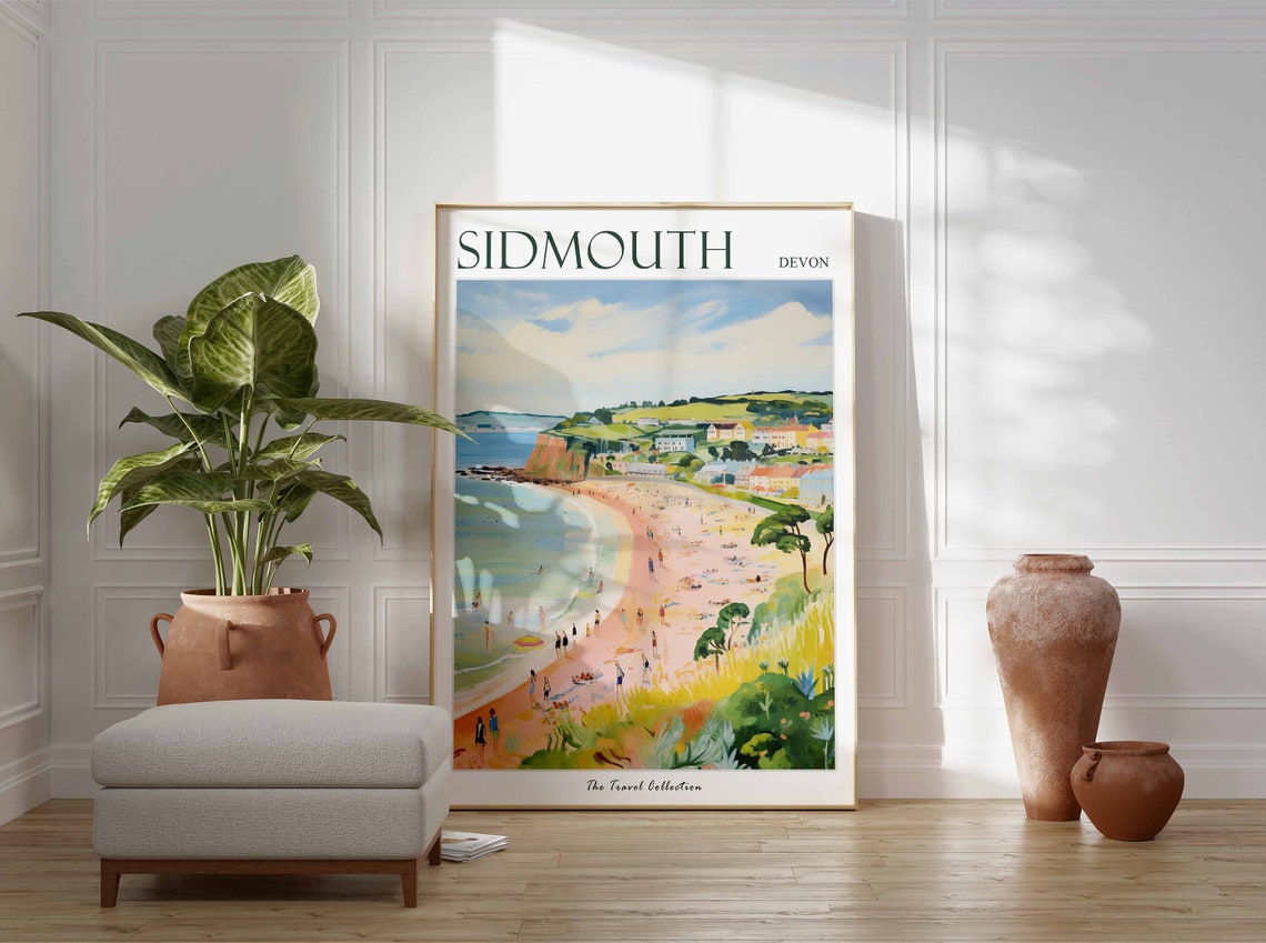 Sidmouth Devon Beach Bathers Red Cliffs Town Seaside Art Poster - Image 3