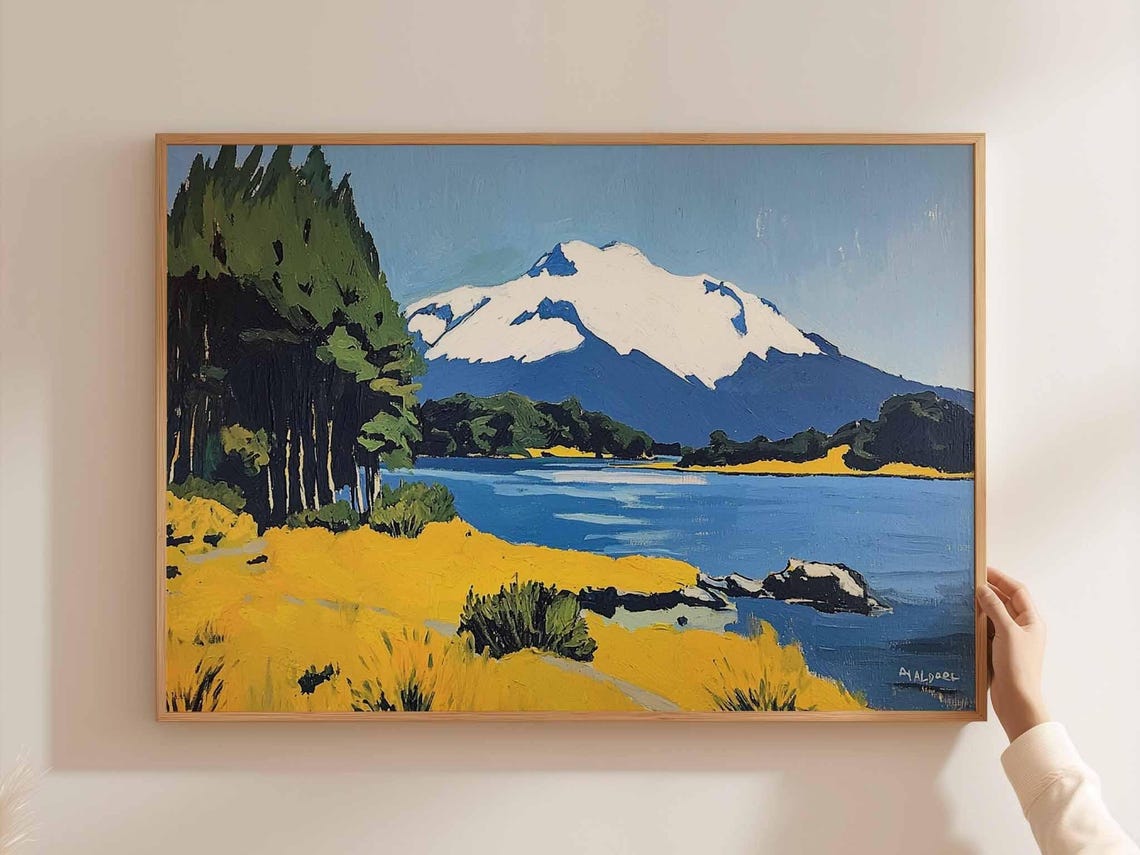 Snow Capped Mountain Above A Blue Lake And Golden Meadow Poster