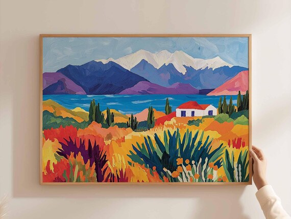Purple Mountain Lake Cottage Blooming Meadow Fauvist Painterly Poster