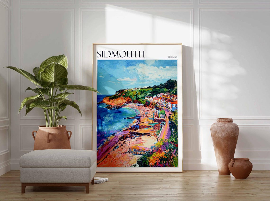 Sidmouth Impressionist Beach Painting Poster Red Cliffs England - Image 2