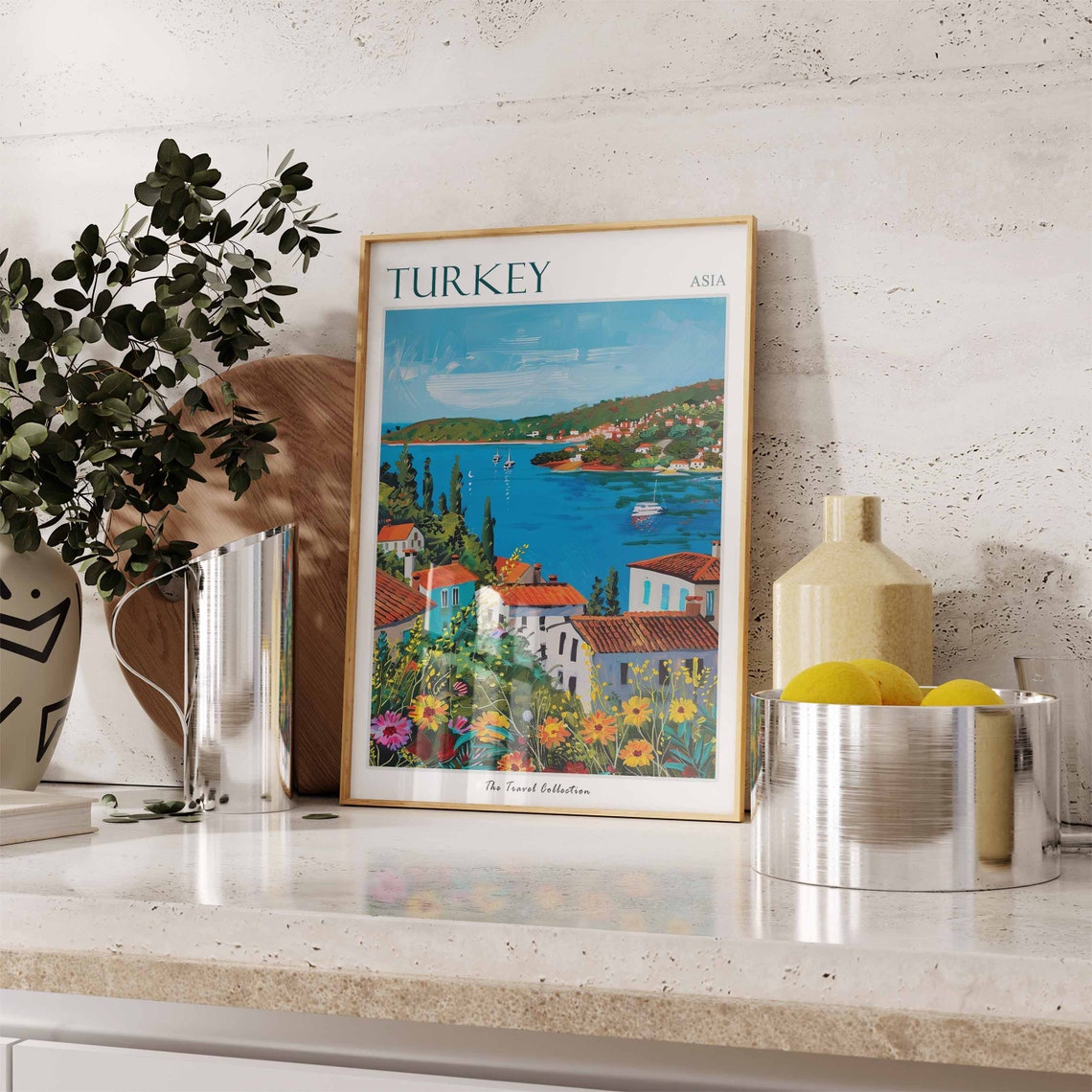 Turkey Asia Bay Whitewashed Houses Sailboats Wildflower Art Poster - Image 3