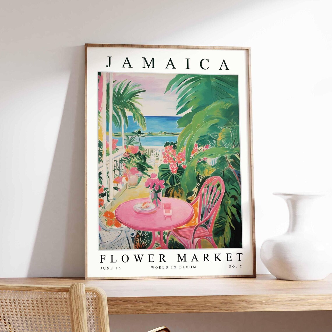 Jamaica Pink Terrace Cafe Ocean View Palm Garden Flower Market Poster