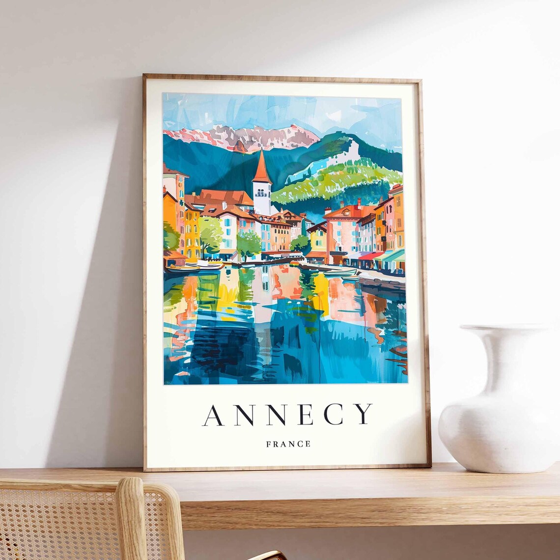 Annecy France Scenic Lakeside Waterfront Mountain View Travel Poster