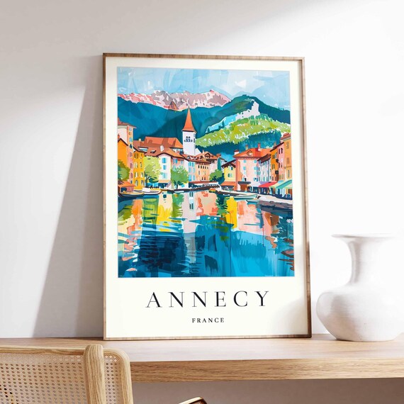 Annecy France Scenic Lakeside Waterfront Mountain View Travel Poster