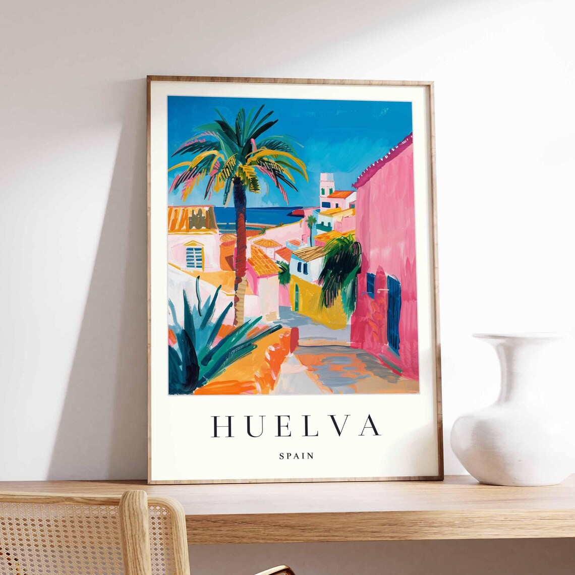 Huelva Spain Colorful Coastal Street Palm Sea View Travel Poster