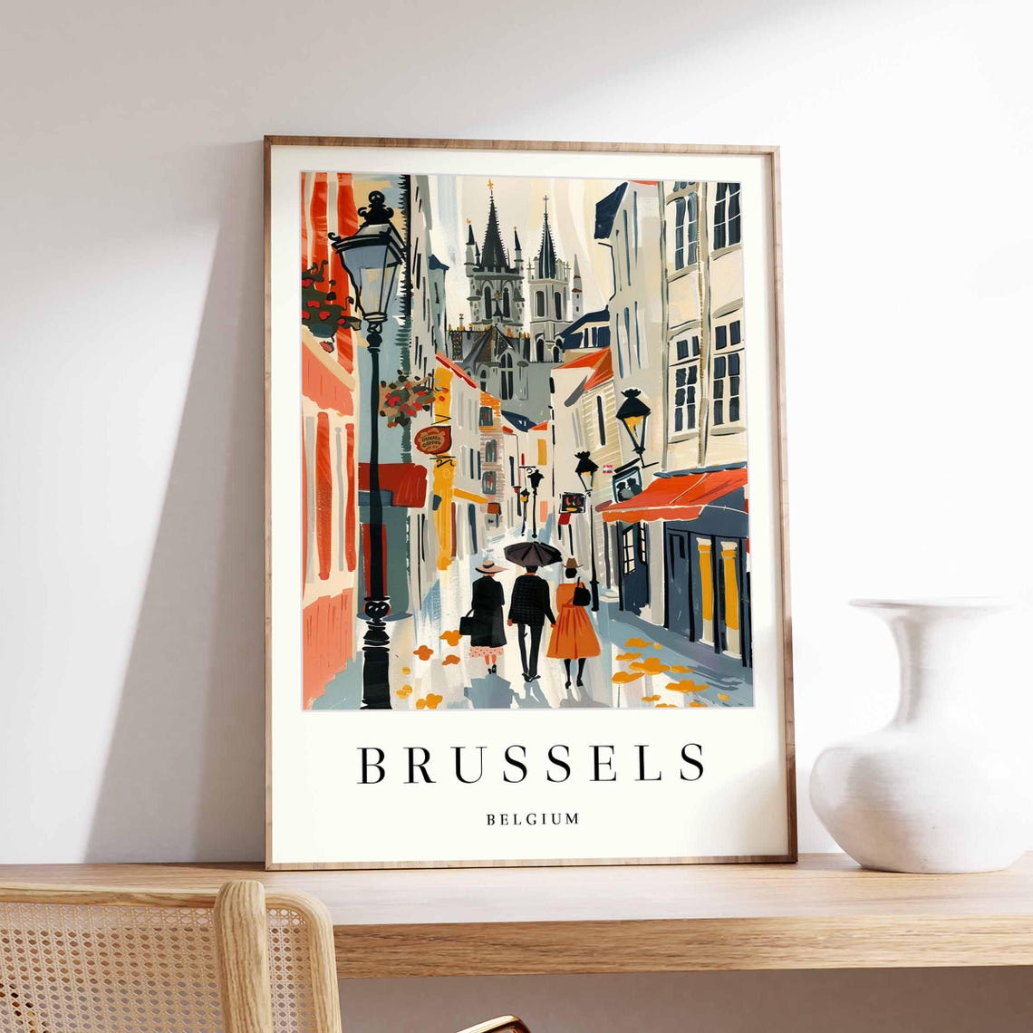 Brussels Belgium Rainy Street Gothic Cathedral Travel Poster