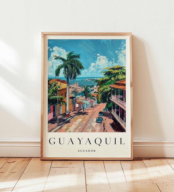 Guayaquil Ecuador Tropical Palm Street Ocean View Travel Poster