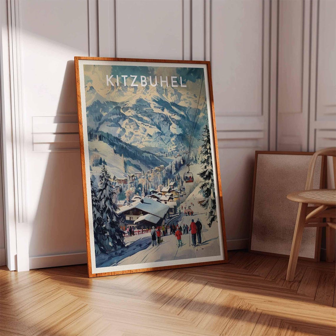 Kitzbuhel Austria Painterly Gondola Station Skiers Vintage Poster - Image 2