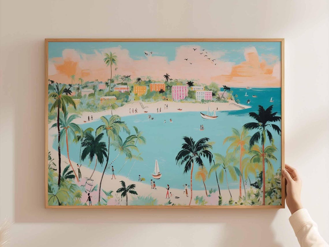 Tropical Island Beach Cove With Palm Trees And Sailboats Poster
