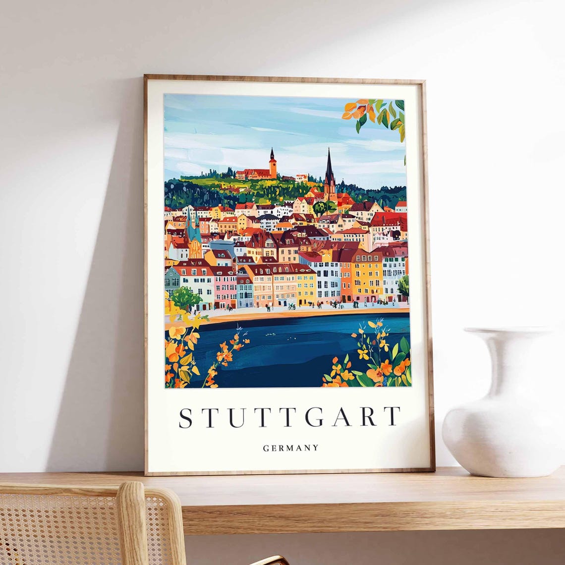 Stuttgart Germany Riverfront Old Town Yellow Flowers Travel Poster