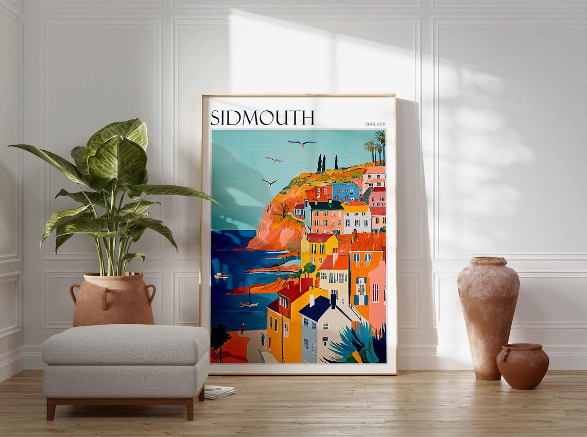 Sidmouth England Colorful Cliffside Houses Red Cliffs Seaside Poster - Image 2