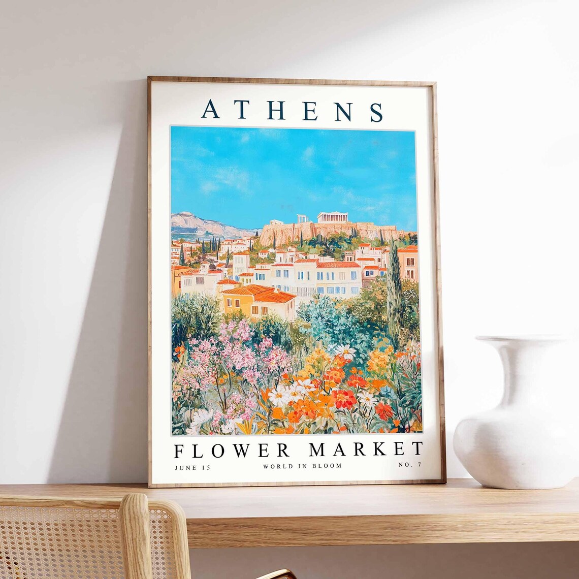 Athens Acropolis Orange Poppy Meadow Travel Flower Market Poster