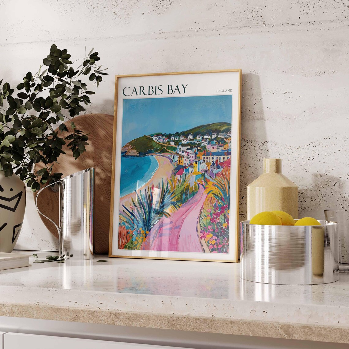 Carbis Bay England Seaside Colorful Hillside Town Pink Path Art Poster - Image 2