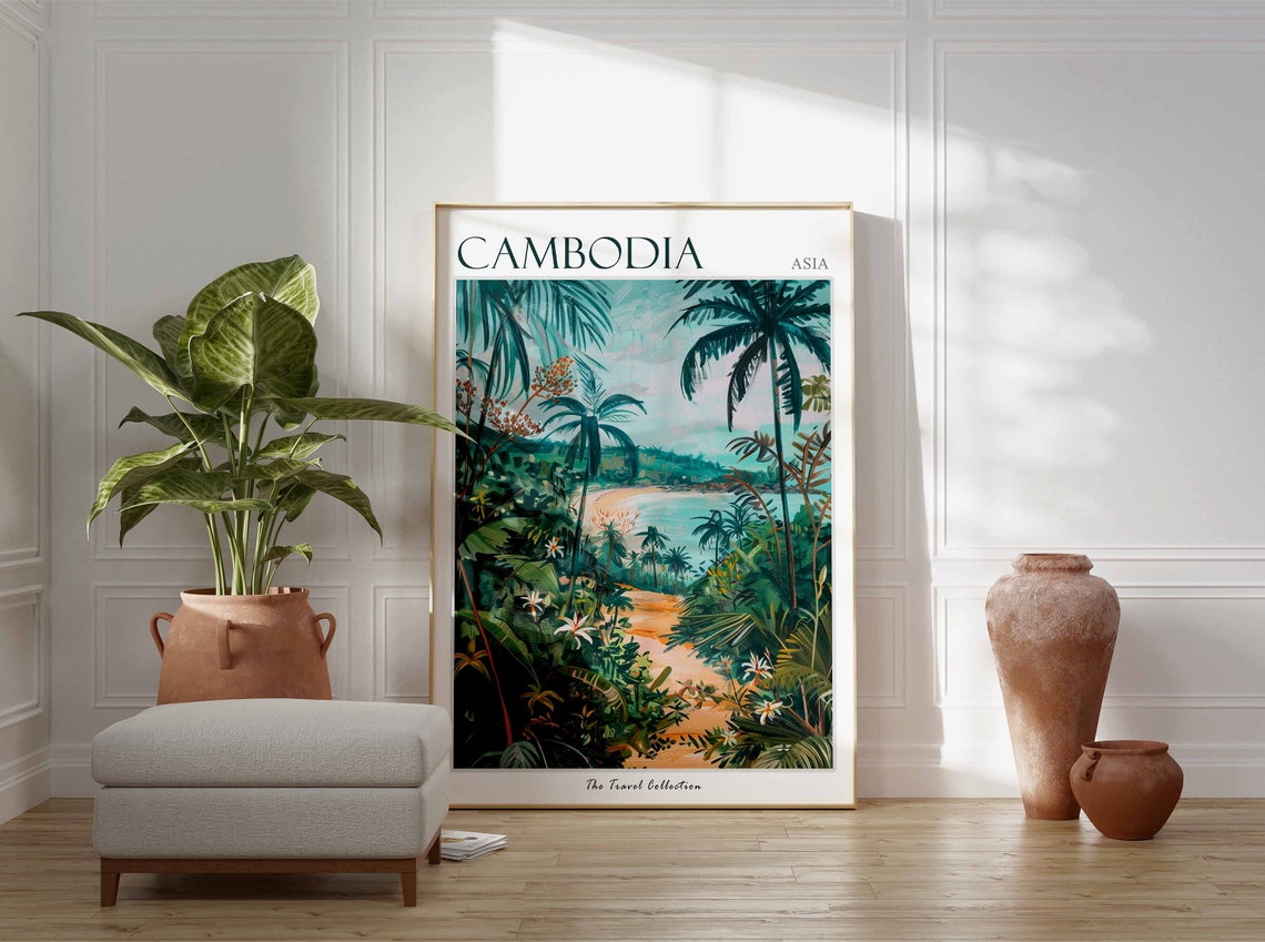 Cambodia Asia Tropical Beach Through Jungle Palms Travel Poster - Image 2