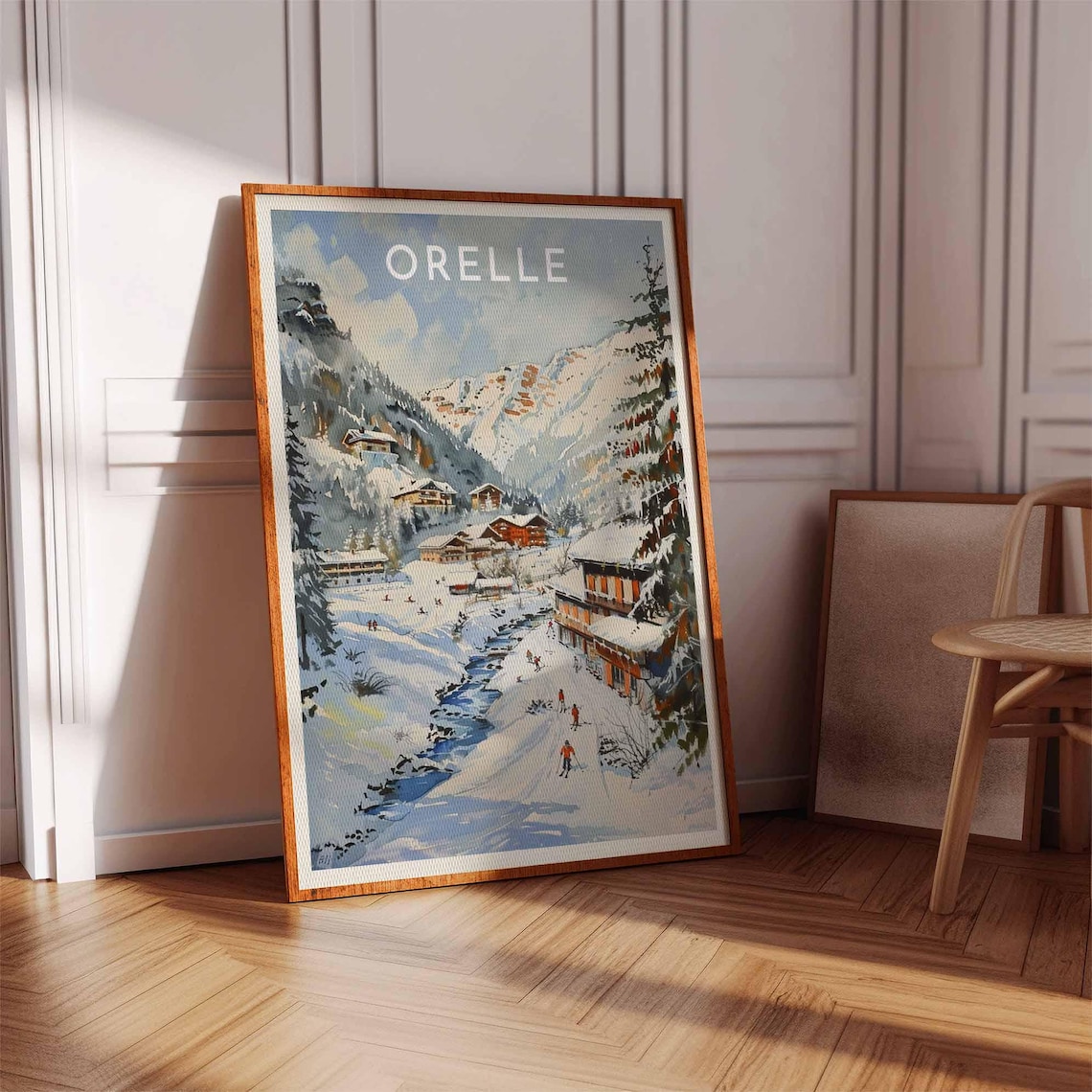 Orelle Watercolor Village Stream Skiers Mountain Travel Poster - Image 3