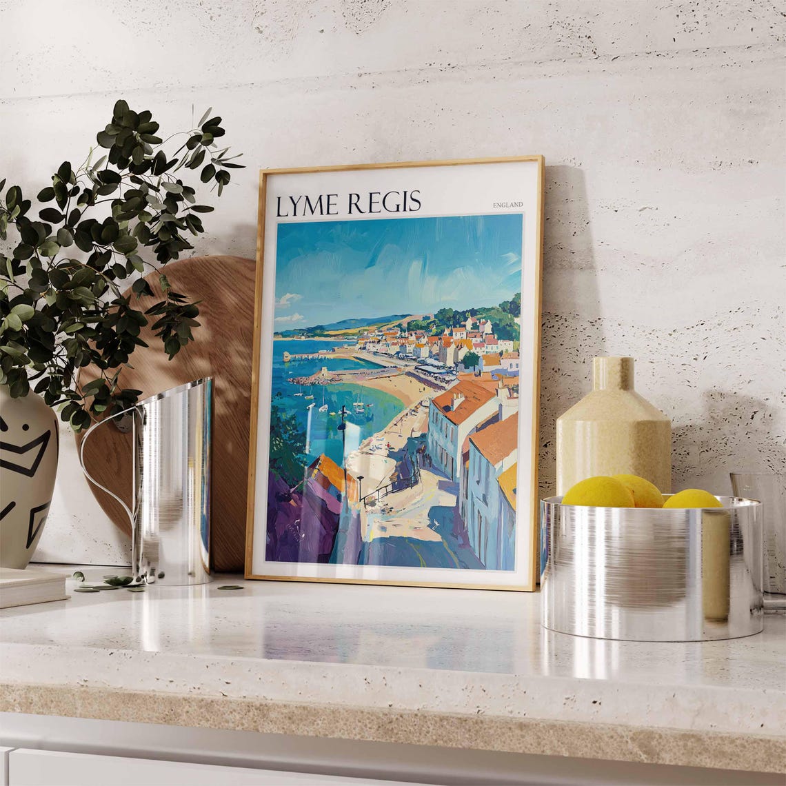 Lyme Regis England Hilltop View Over Town Harbor Boats Poster - Image 2